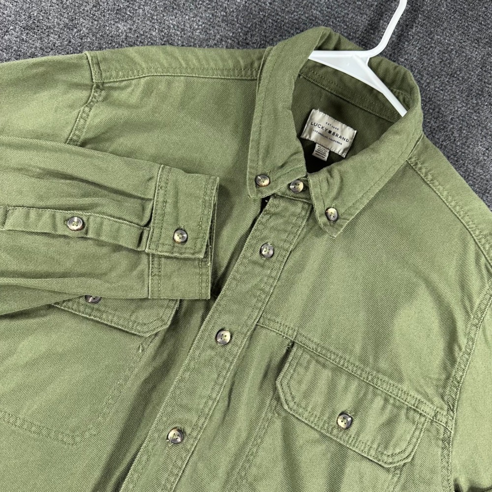 Lucky Brand Button Down Shirt Mens XL Extra Large Olive Green Twill Utility Long